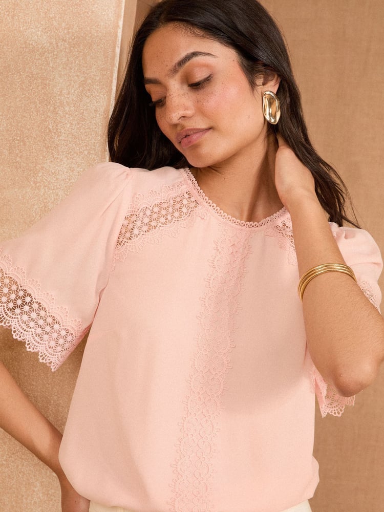 Love & Roses Blush Pink Short Sleeve Lace Insert Top - Image 2 of 4
