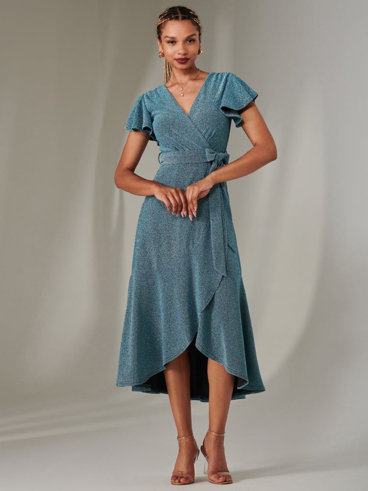 Jolie Moi Dark Blue Marlie Metallic Angel Sleeve Maxi Dress - Image 6 of 6
