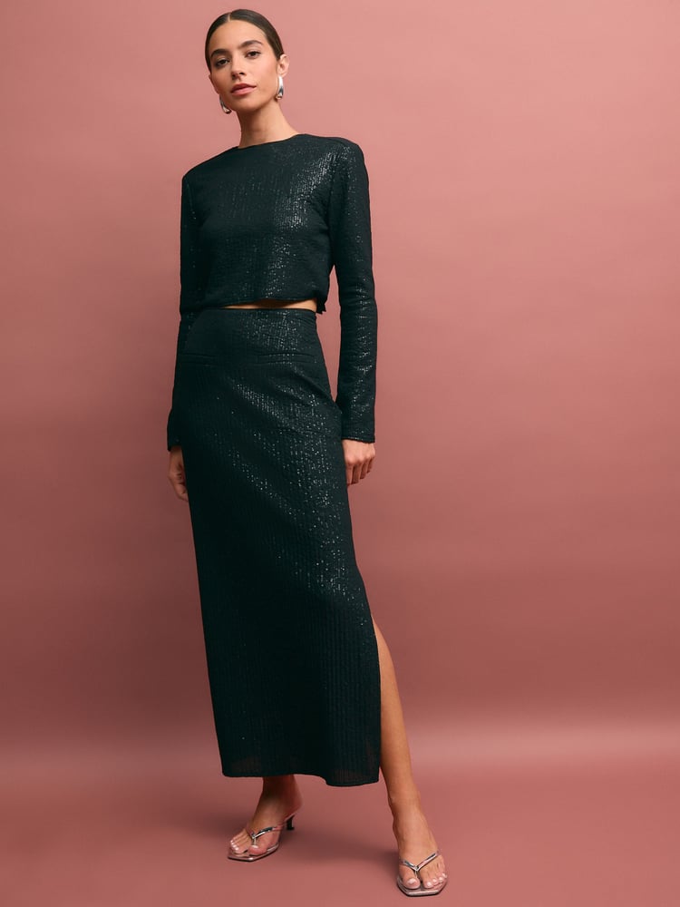 Black Mesh Sequin Midi Skirt - Image 1 of 7