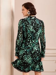 Love & Roses Green Smudge PU Trim V Neck Pleated Mini Dress - Image 4 of 4
