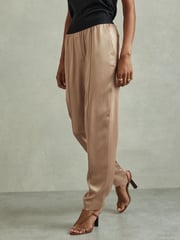 Reiss Champagne Elea Satin Elasticated Tapered Trousers - Image 1 of 6