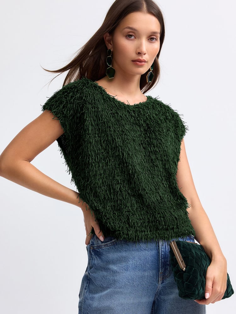 Green Short Sleeve Fluffy Top - Image 1 of 5