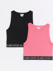 River Island Pink Girls Waistband Rib 100% Cotton Tanks 2 Pack - Image 1 of 4