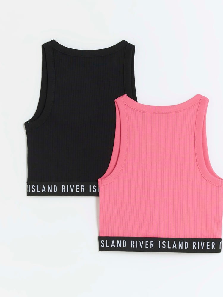 River Island Pink Girls Waistband Rib 100% Cotton Tanks 2 Pack - Image 2 of 4