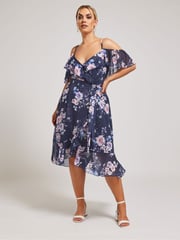 Your Curve Navy Blue Floral Print Ruffle Hem Dress - Image 1 of 4