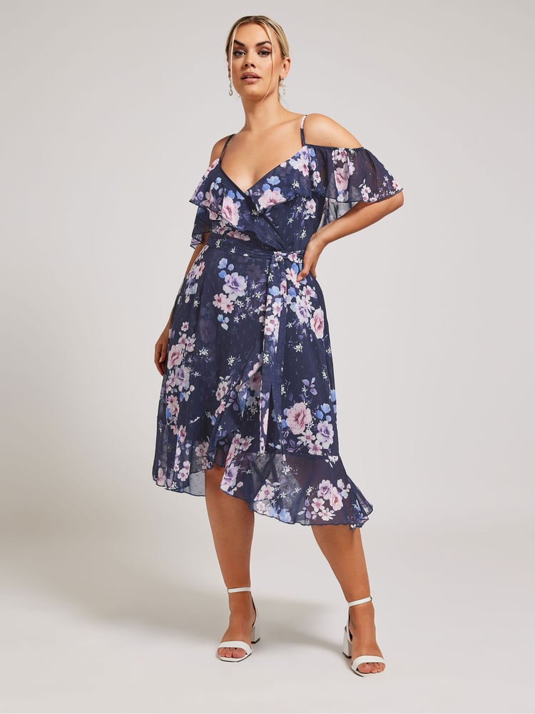 Your Curve Navy Blue Floral Print Ruffle Hem Dress - Image 1 of 4