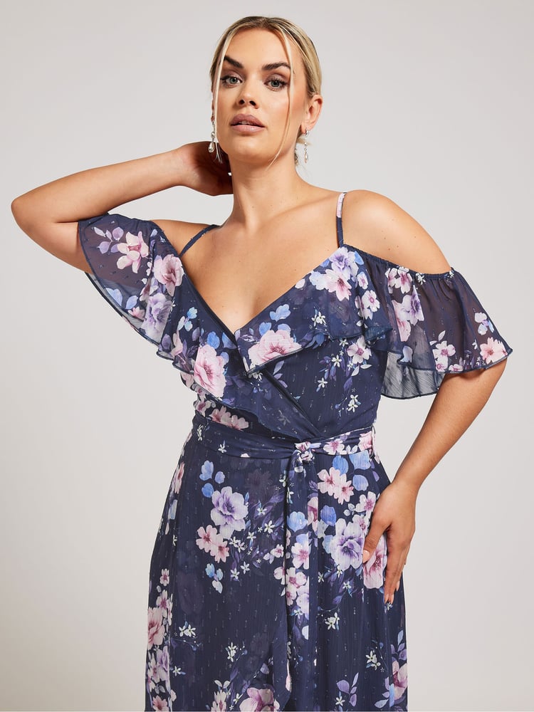 Your Curve Navy Blue Floral Print Ruffle Hem Dress - Image 2 of 4