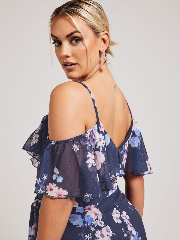 Your Curve Navy Blue Floral Print Ruffle Hem Dress - Image 4 of 4