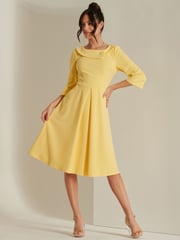 Jolie Moi Yellow 3/4 Sleeve Fold Neck Midi Dress - Image 3 of 6