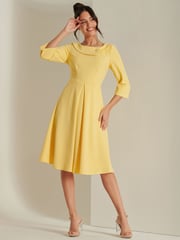 Jolie Moi Yellow 3/4 Sleeve Fold Neck Midi Dress - Image 5 of 6