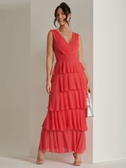 Jolie Moi Red Plain Wrap Bodice Mesh Maxi Dress - Image 1 of 6