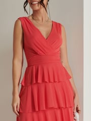 Jolie Moi Red Plain Wrap Bodice Mesh Maxi Dress - Image 3 of 6