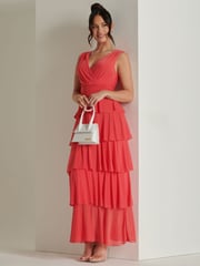 Jolie Moi Red Plain Wrap Bodice Mesh Maxi Dress - Image 4 of 6