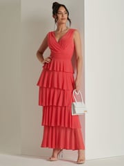Jolie Moi Red Plain Wrap Bodice Mesh Maxi Dress - Image 6 of 6