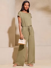 Lipsy Khaki Green Petite Miltary Button Shorts Sleeve Jersey Jumpsuit - Image 1 of 4