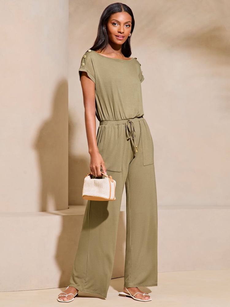 Lipsy Khaki Green Petite Miltary Button Shorts Sleeve Jersey Jumpsuit - Image 1 of 4