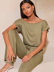 Lipsy Khaki Green Petite Miltary Button Shorts Sleeve Jersey Jumpsuit - Image 4 of 4