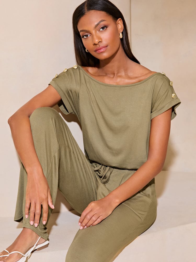 Lipsy Khaki Green Petite Miltary Button Shorts Sleeve Jersey Jumpsuit - Image 4 of 4