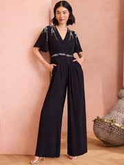 Love & Roses Black Petite Embellished Angel Sleeve Wide Leg Jumpsuit - Image 1 of 4