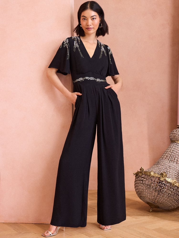 Love & Roses Black Petite Embellished Angel Sleeve Wide Leg Jumpsuit - Image 1 of 4