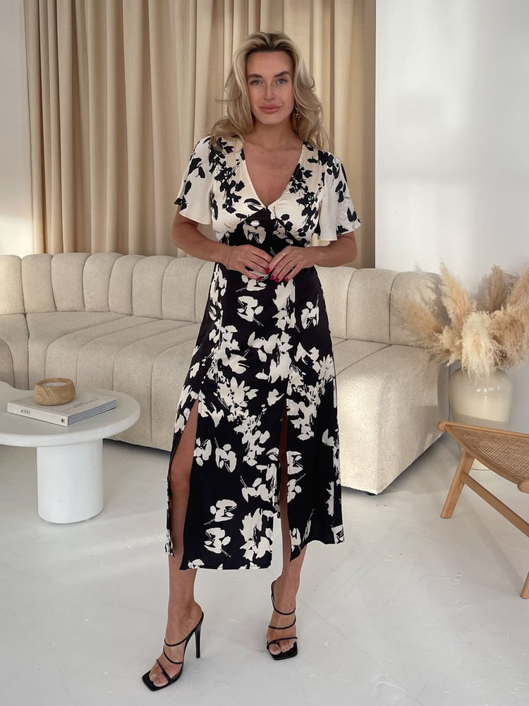 Girl In Mind Black Levi Angel Sleeve Split Leg Midi Dress - Image 1 of 4