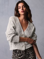 Grey Sparkle Bow Button Cable Knitted Cardigan - Image 1 of 6