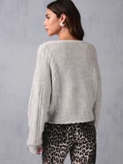 Grey Sparkle Bow Button Cable Knitted Cardigan - Image 3 of 6