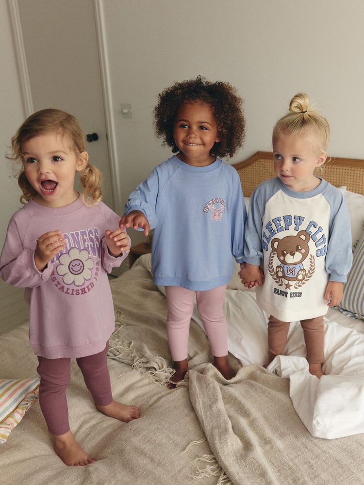 Blue/ Purple/ White Sleepy Bear Leggings Pyjamas 3 Pack (9mths-8yrs) - Image 1 of 9
