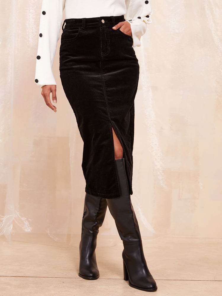 Friends Like These Black Corduroy Split Front Denim Midi Skirt - Image 1 of 4
