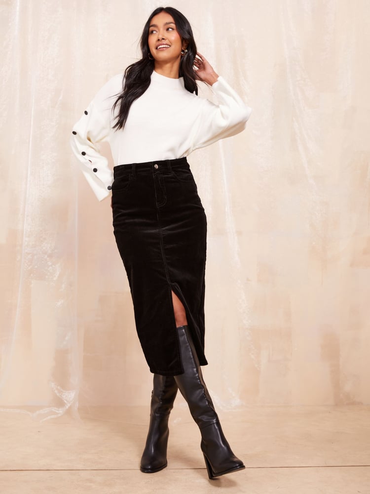 Friends Like These Black Corduroy Split Front Denim Midi Skirt - Image 2 of 4