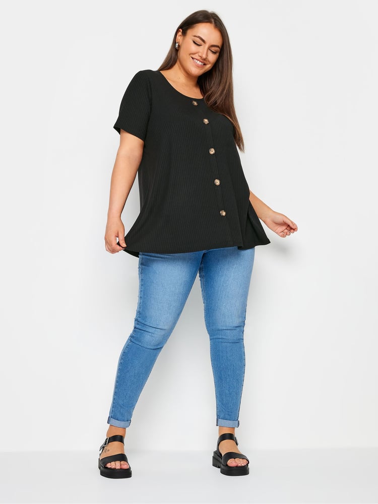 Yours Curve Black Button Front Ribbed Tunics - Image 2 of 5