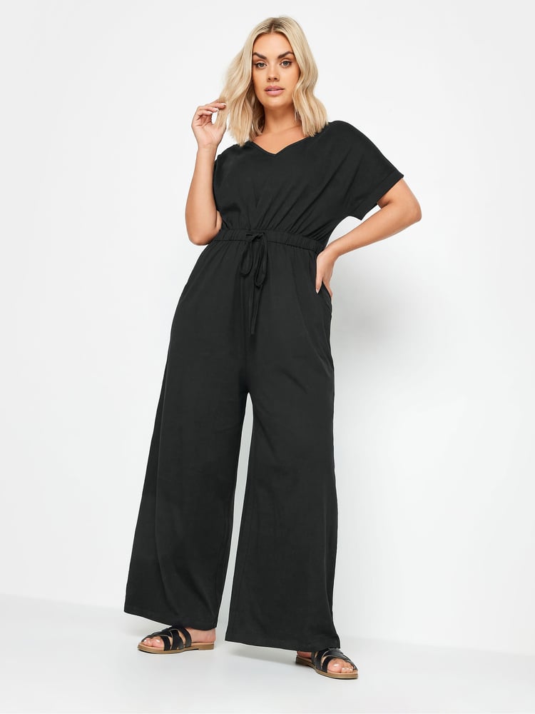 Yours Curve Black 100% Cotton Drawcord Jumpsuit - Image 2 of 5