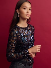 Blue Sequin Lace Long Sleeve Top - Image 1 of 9