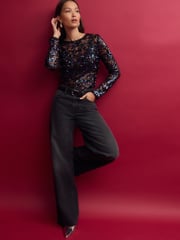 Blue Sequin Lace Long Sleeve Top - Image 3 of 9
