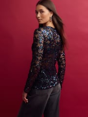 Blue Sequin Lace Long Sleeve Top - Image 4 of 9