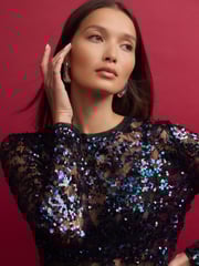 Blue Sequin Lace Long Sleeve Top - Image 5 of 9