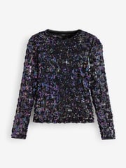 Blue Sequin Lace Long Sleeve Top - Image 6 of 9