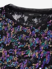Blue Sequin Lace Long Sleeve Top - Image 8 of 9