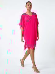 Roman Pink Embellished Cold Shoulder Overlay Dress - Image 1 of 5