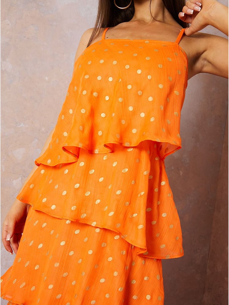 Chi Chi London Orange Cami Foil Spot Print Tiered Maxi Dress - Image 2 of 5 Chi Chi London Orange Cami Foil Spot Print Tiered Maxi Dress - Image 2 of 5
