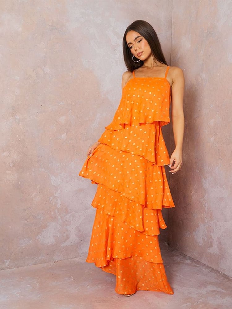 Chi Chi London Orange Cami Foil Spot Print Tiered Maxi Dress - Image 5 of 5 Chi Chi London Orange Cami Foil Spot Print Tiered Maxi Dress - Image 5 of 5