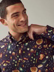 Navy Blue Christmas Dinner Long Sleeve Christmas Print 100% Cotton Oxford Shirt - Image 1 of 8