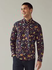 Navy Blue Christmas Dinner Long Sleeve Christmas Print 100% Cotton Oxford Shirt - Image 2 of 8