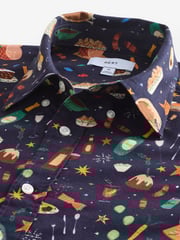 Navy Blue Christmas Dinner Long Sleeve Christmas Print 100% Cotton Oxford Shirt - Image 4 of 8