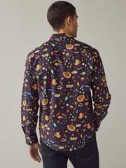 Navy Blue Christmas Dinner Long Sleeve Christmas Print 100% Cotton Oxford Shirt - Image 5 of 8