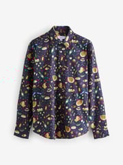 Navy Blue Christmas Dinner Long Sleeve Christmas Print 100% Cotton Oxford Shirt - Image 7 of 8