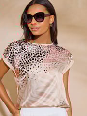 Lipsy Brown Round Neck Printed Satin T-Shirt - Image 1 of 4