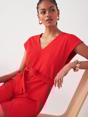 VILA Red Tie Waist Smart Jumpsuit - Image 1 of 6