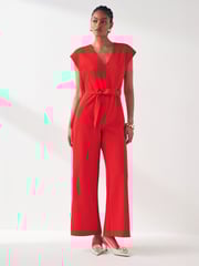 VILA Red Tie Waist Smart Jumpsuit - Image 2 of 6