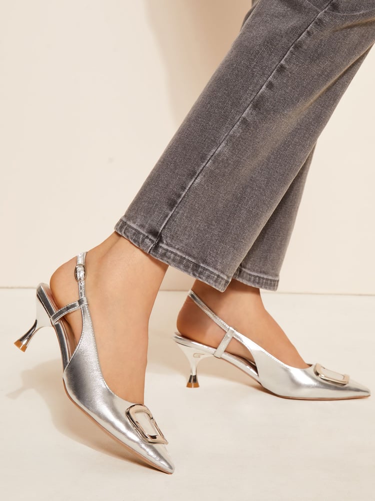 Friends Like These Silver Square Buckle Pointed Toe Slingback Court Shoe - Image 1 of 4